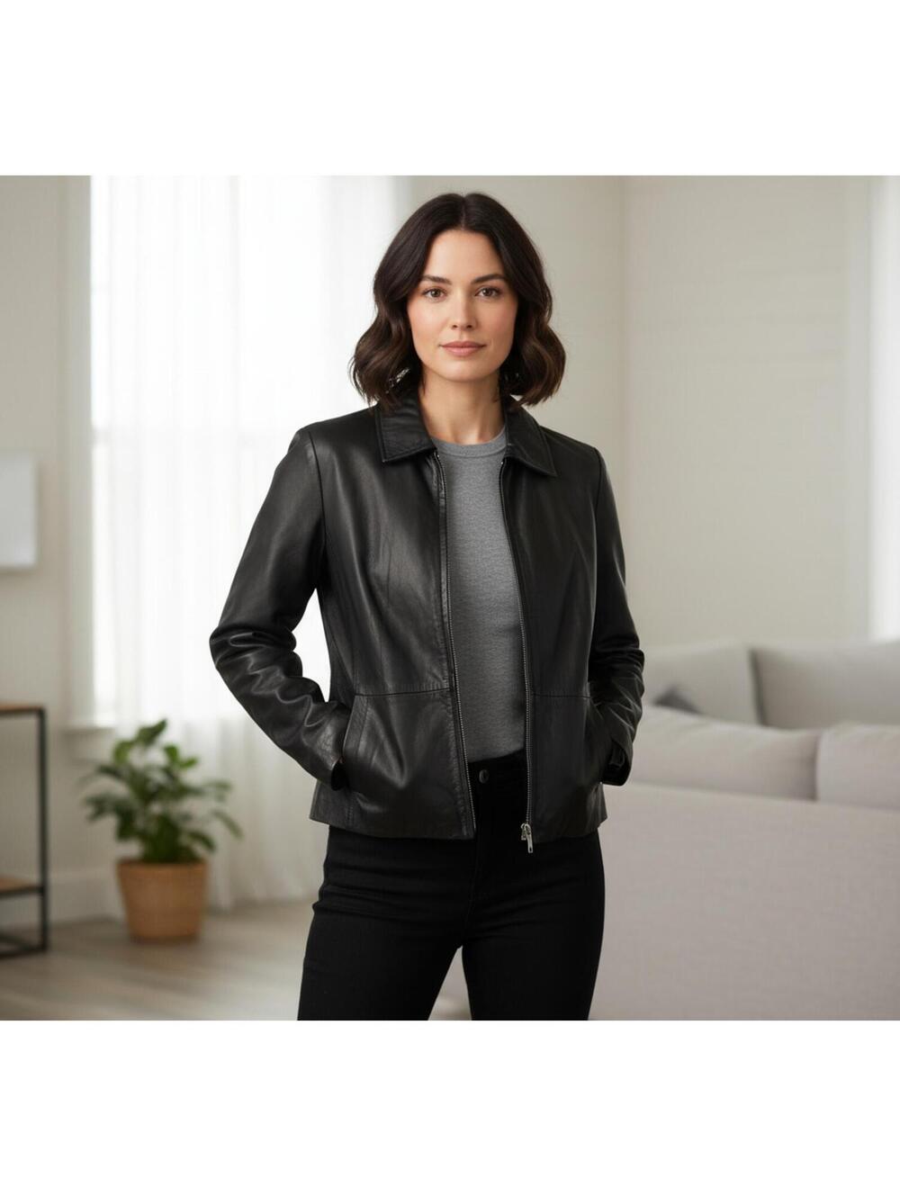 New Women's Black Leather Apt. 9 Lambskin Leather Jacket Size Small